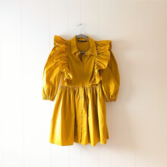 Zara Warm Yellow Short Shirt Dress With Lapels Ruffle Detail Collar, size XS - Picture 1 of 8